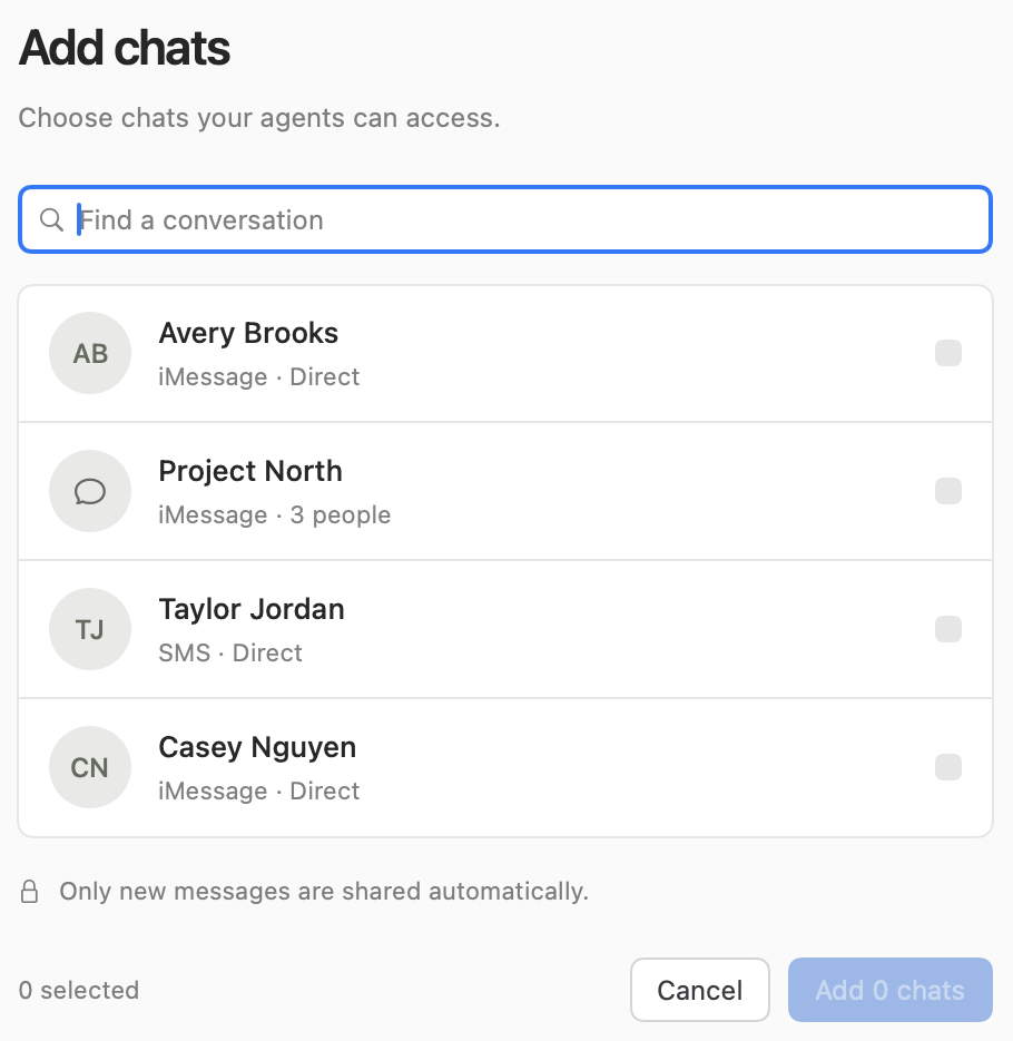The Add chats sheet with a search field, a list of conversations with checkboxes, and the Add button.
